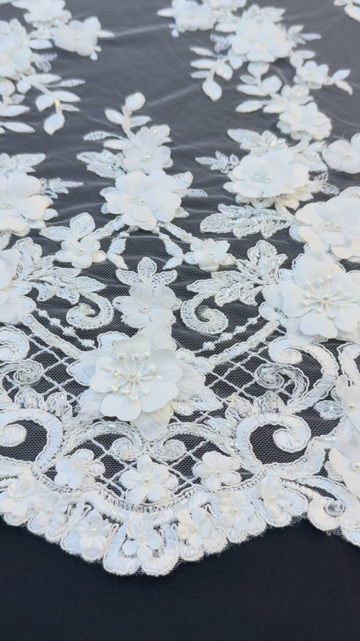 Luxury 3D Floral Lace Fabric with Sequins & Pearls – White Embroidered Bridal Tulle