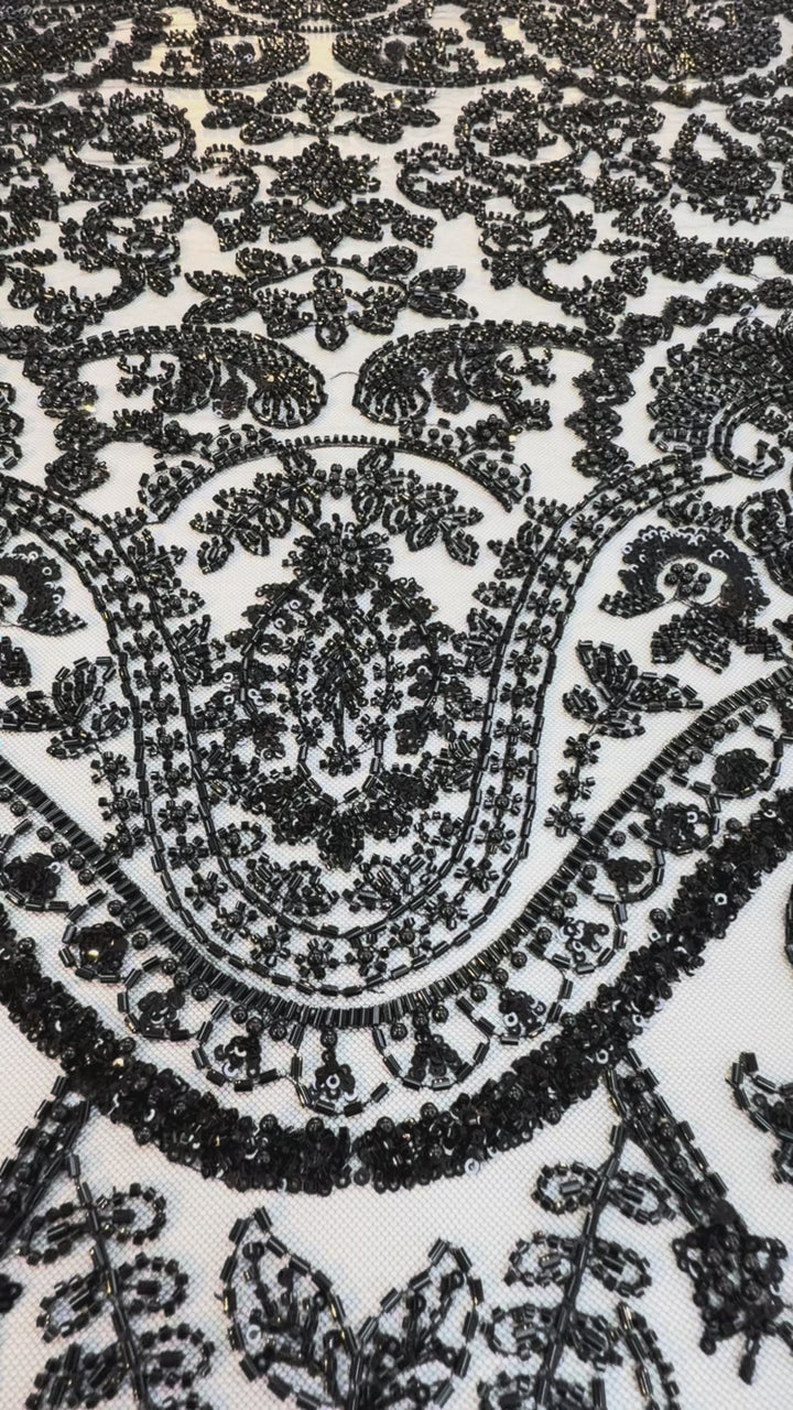Luxury Black Sequin & Beaded Embroidered Tulle Fabric – Haute Couture Evening & Bridal Wear