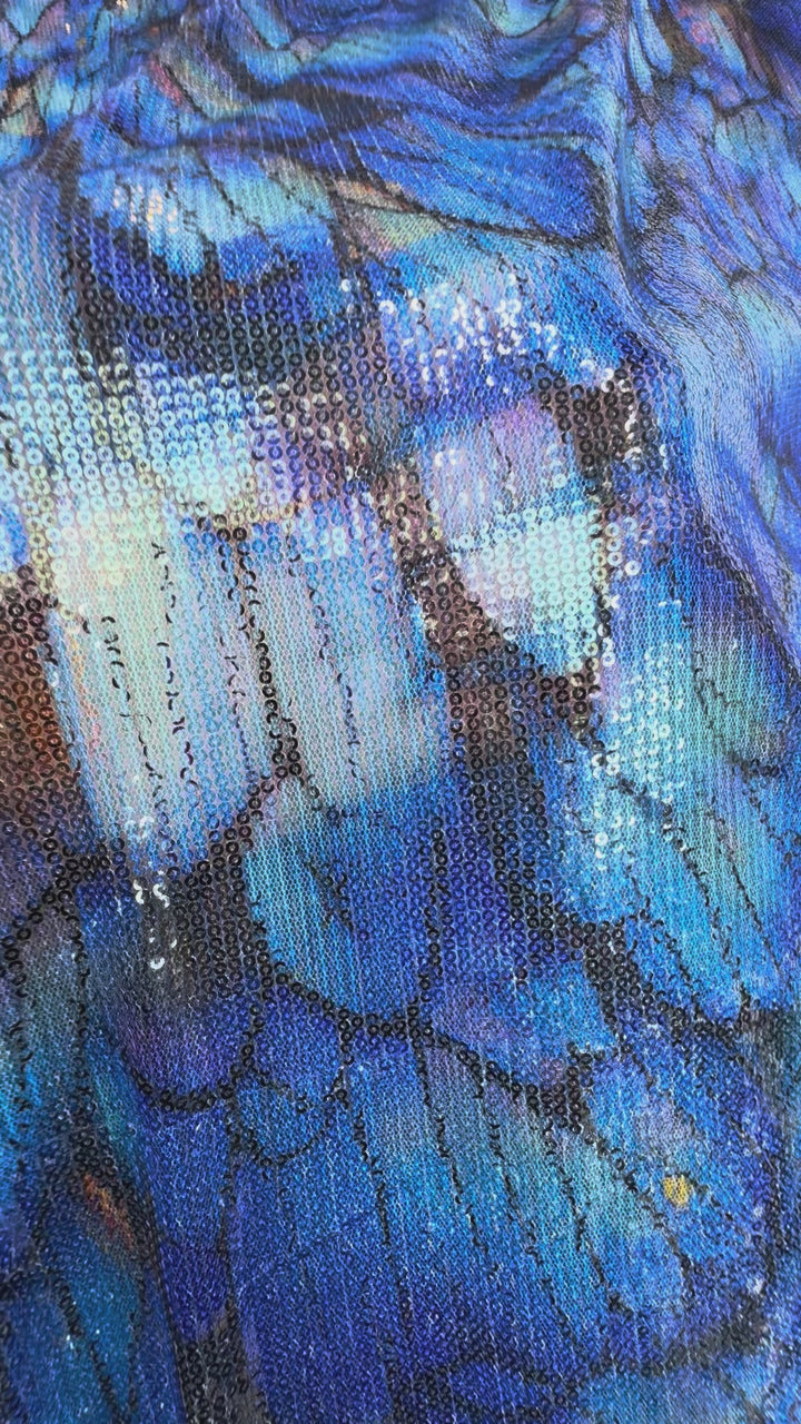 Luxury Iridescent Blue Feather Sequin Fabric