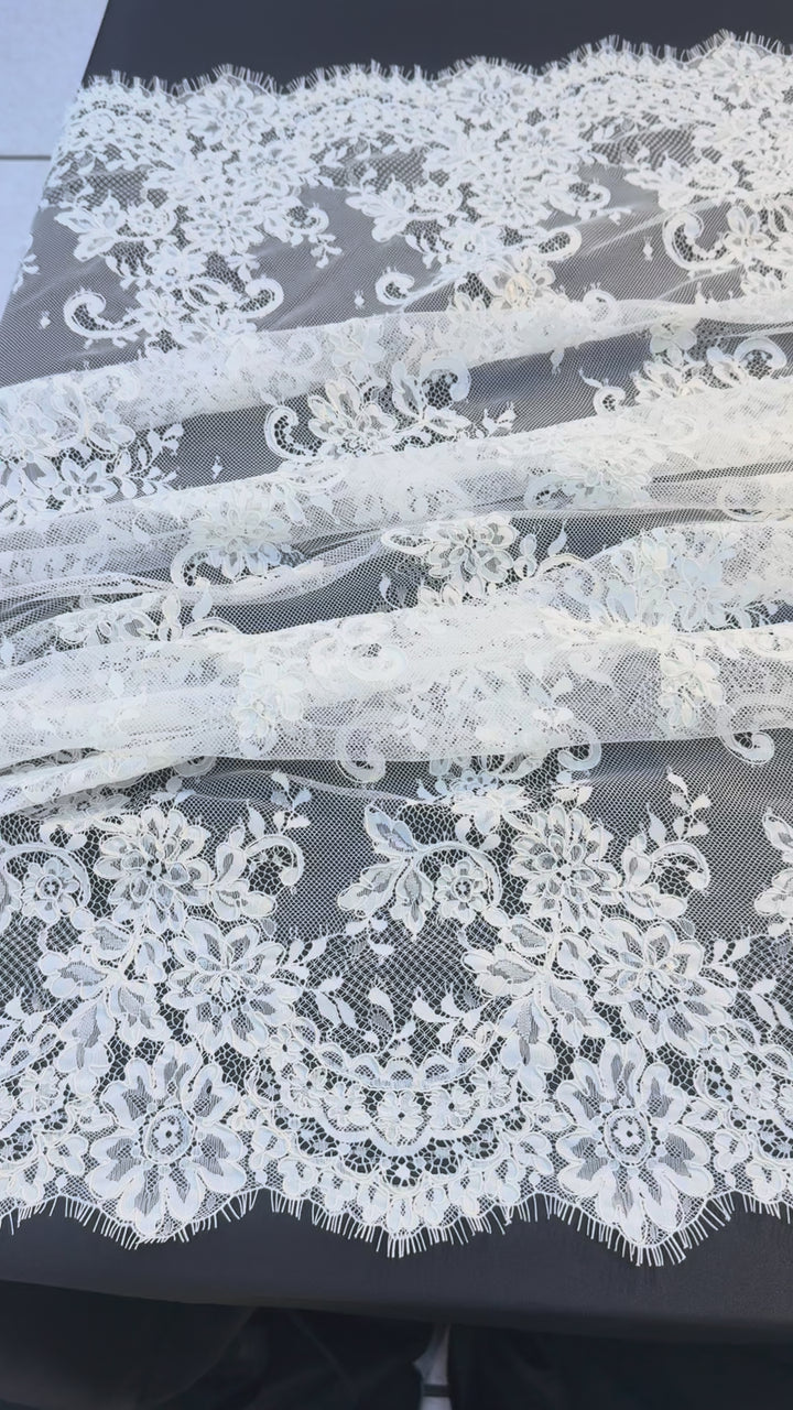 Luxury White French Lace with Floral Embroidery & Scalloped Edges( 1 Piece = 3 Meter)