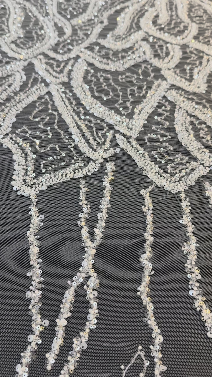 Luxury White Beaded Silver Sequin Waves on Black Tulle – Haute Couture Fabric( 1 Piece = 3 Meter)