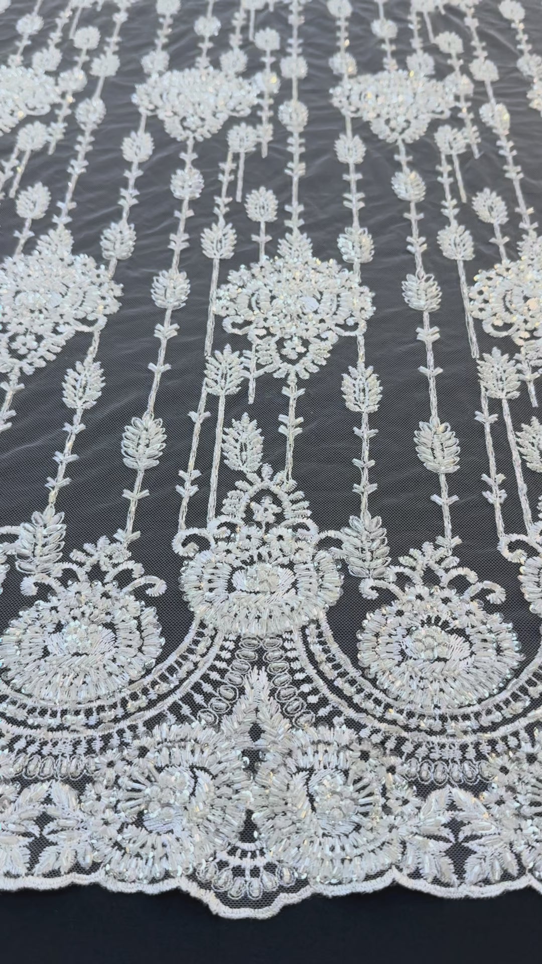 Luxury Ivory Sequin & Beaded Floral Lace Fabric with Scalloped Border – Bridal & Evening Couture( 1 Piece = 2 Meter)