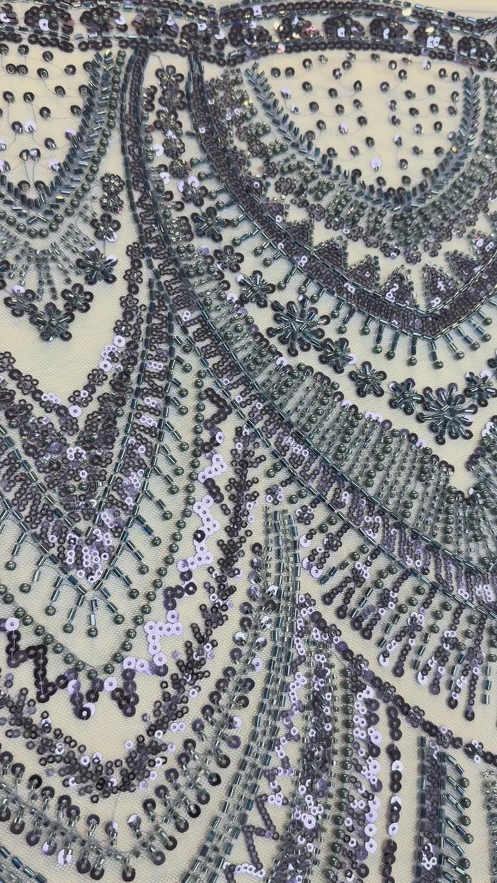 Luxury Blue & Silver Sequin Embroidered Tulle Fabric – Couture Gowns & Evening Wear ( 1 Piece = 2 Meter) - Last Piece
