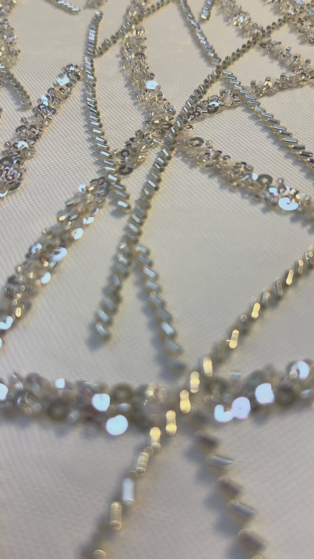 Luxury Silver Abstract Sequin Embroidered Tulle Fabric – Haute Couture Evening & Bridal Wear ( 1 Piece = 3 Meter)