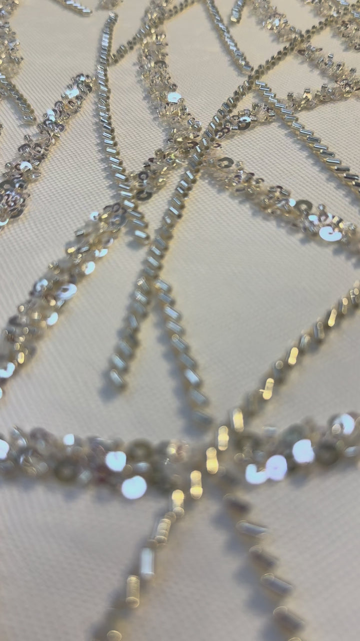 Luxury Silver Abstract Sequin Embroidered Tulle Fabric – Haute Couture Evening & Bridal Wear ( 1 Piece = 3 Meter)