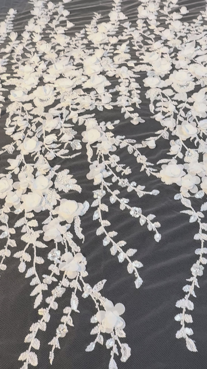 Luxury White 3D Floral Embroidered Lace with Sequins & Beads – Bridal & Evening Couture Fabric (1 Piece is 4 Meter)