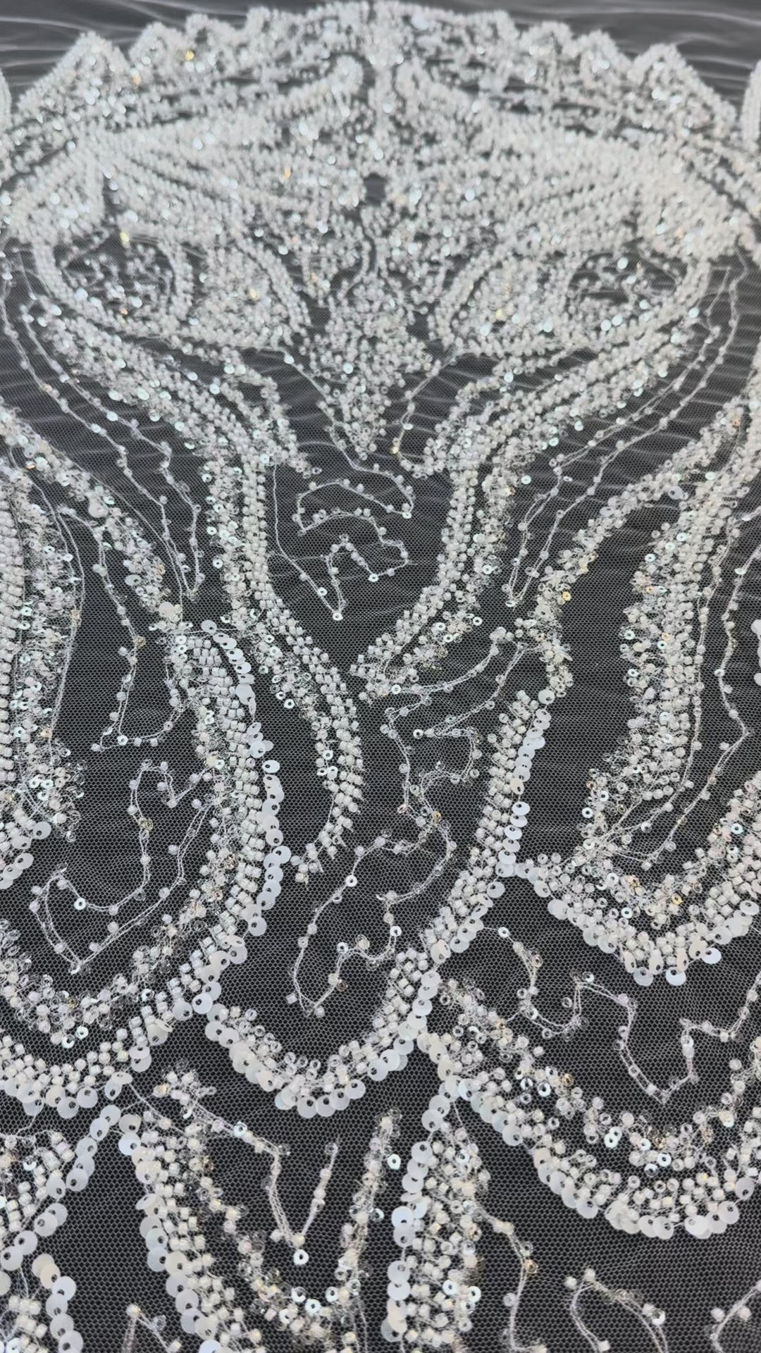 Luxury White Beaded Silver Sequin Waves on Black Tulle – Haute Couture Fabric( 1 Piece = 3 Meter)
