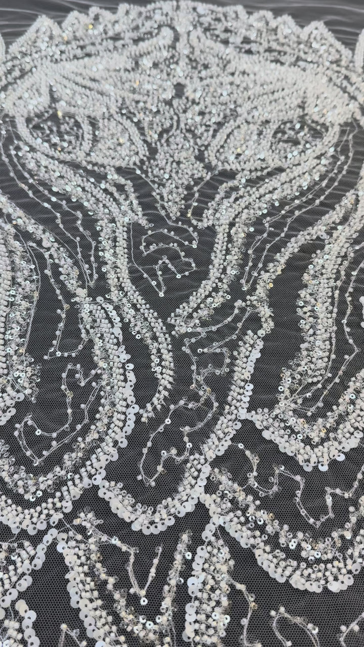 Luxury White Beaded Silver Sequin Waves on Black Tulle – Haute Couture Fabric( 1 Piece = 3 Meter)