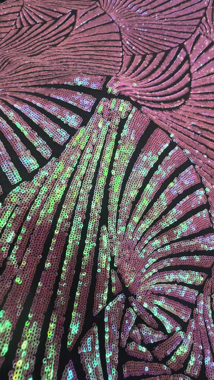 Iridescent Sequin Fan Pattern on Mauve Mesh