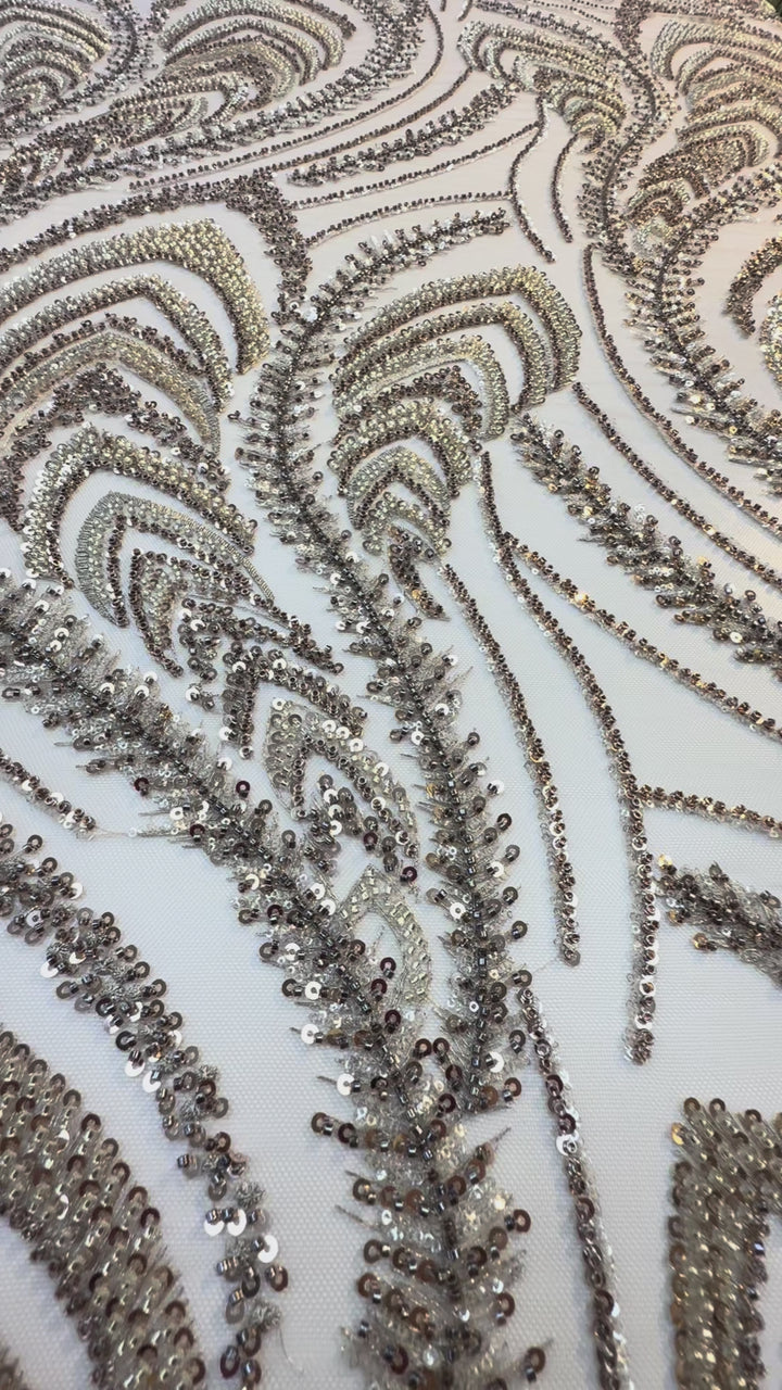 Luxury Blush Gold Sequin Embroidered Tulle Fabric – Feather & Leaf Pattern ( 1 piece = 4 Meter)