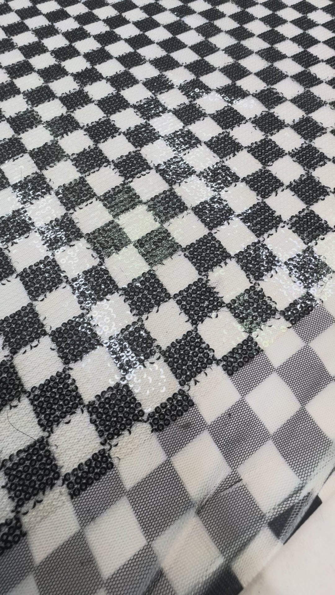 Black and White Sequin Checkered Mesh – Modern Glamour Couture Fabric ( 1 Piece = 5 Meter)