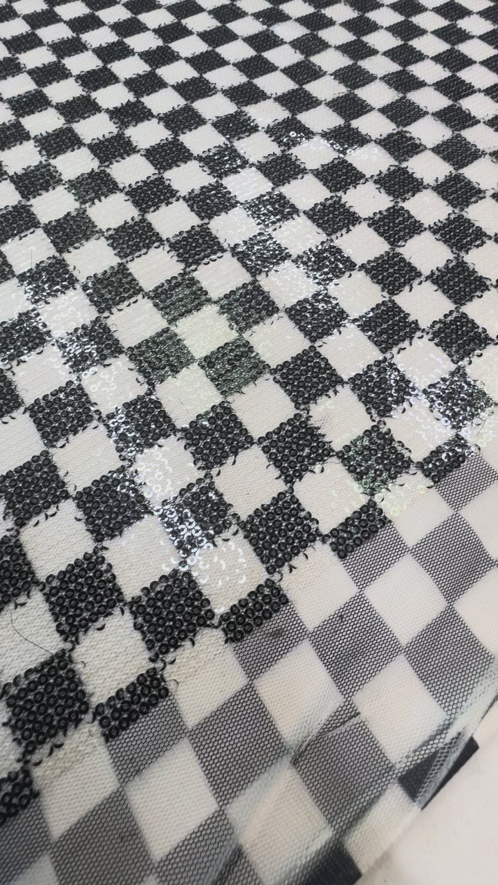 Black and White Sequin Checkered Mesh – Modern Glamour Couture Fabric ( 1 Piece = 5 Meter)