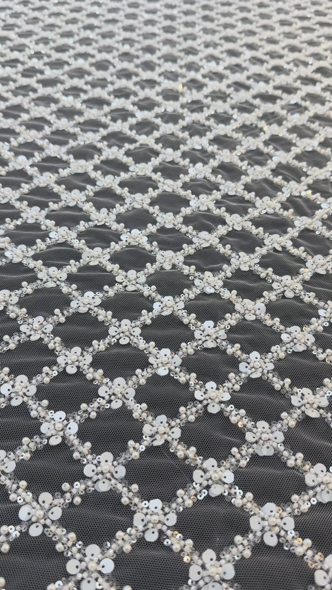 Luxury Diamond Lattice Beaded & Sequin Embroidered Tulle – White on Black Mesh( 1 Piece = 4 Meter)