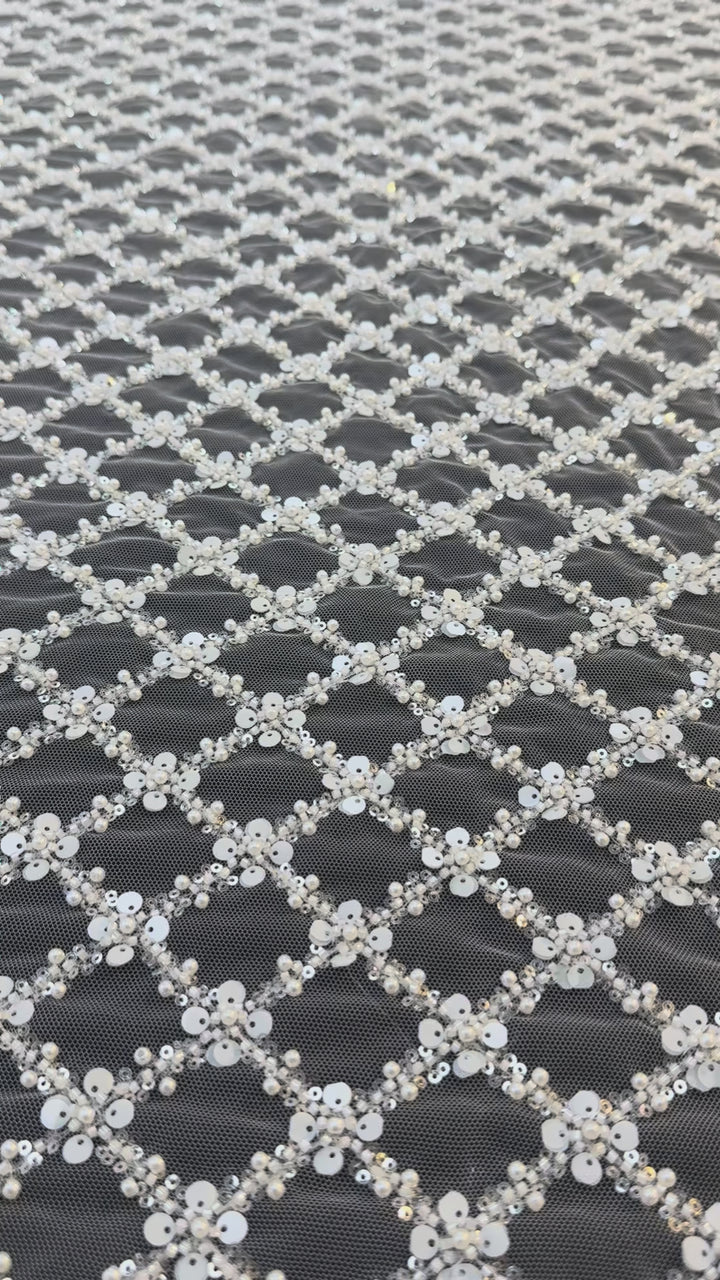 Luxury Diamond Lattice Beaded & Sequin Embroidered Tulle – White on Black Mesh( 1 Piece = 4 Meter)