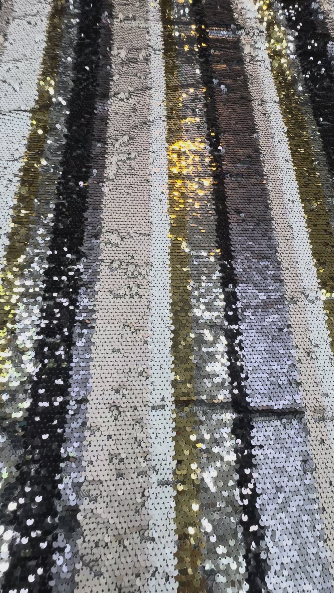 Luxury Striped Sequin Fabric – Black, Silver & Gold Multitone Glamour