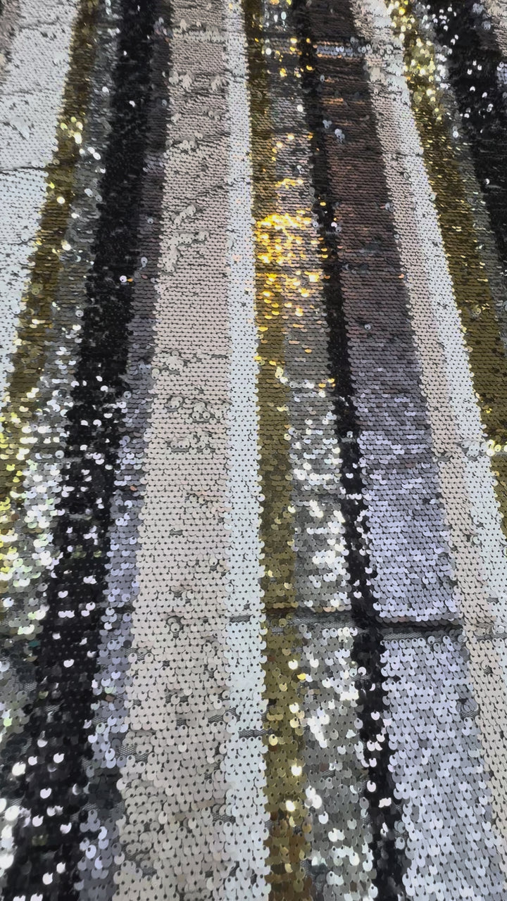 Luxury Striped Sequin Fabric – Black, Silver & Gold Multitone Glamour