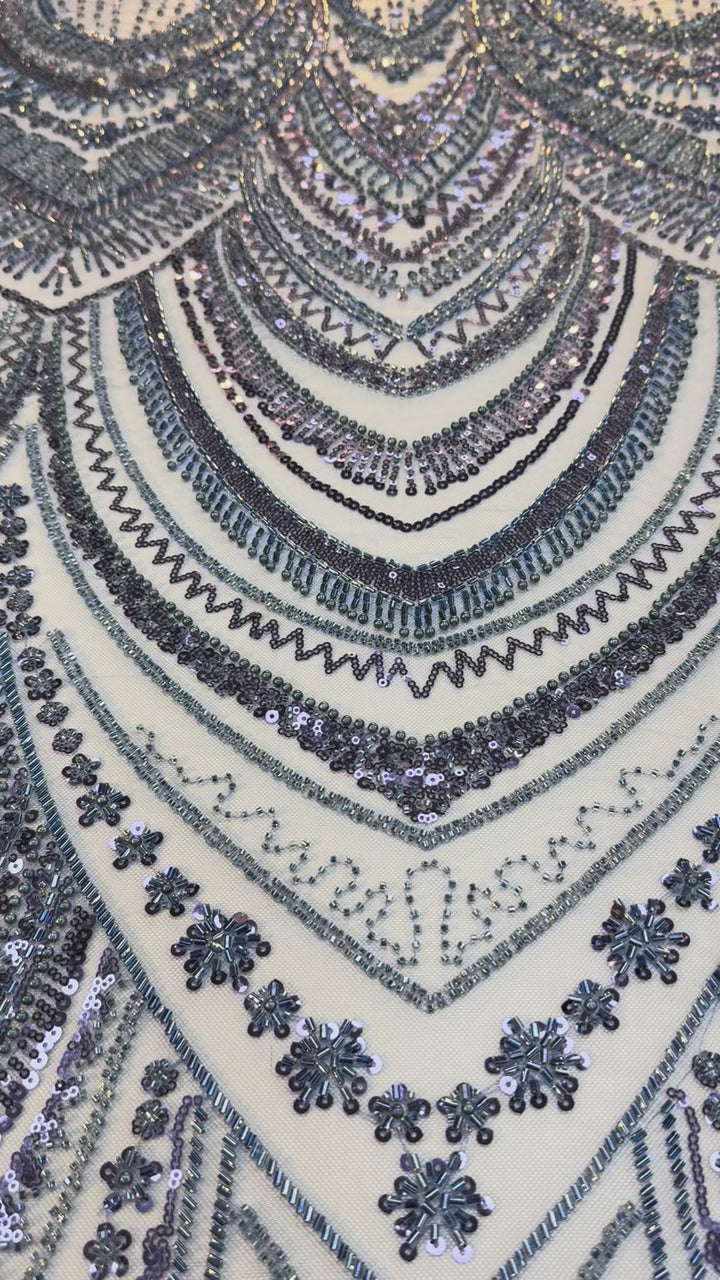 Luxury Blue & Silver Sequin Embroidered Tulle Fabric – Couture Gowns & Evening Wear ( 1 Piece = 2 Meter) - Last Piece