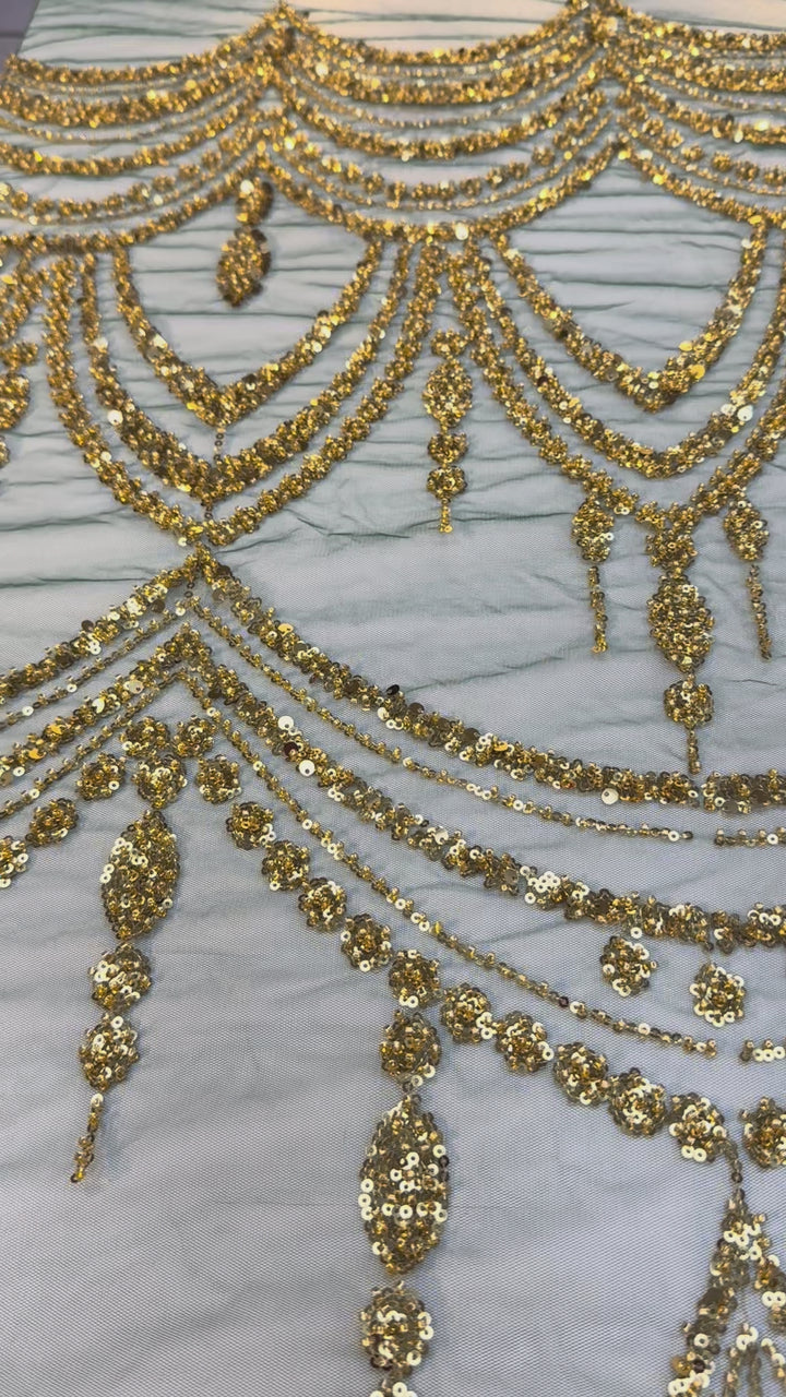 Luxury Golden Sequin Chandelier Embroidered Tulle Fabric – Couture Evening & Bridal Wear (1 Piece = 3.5 Meter)