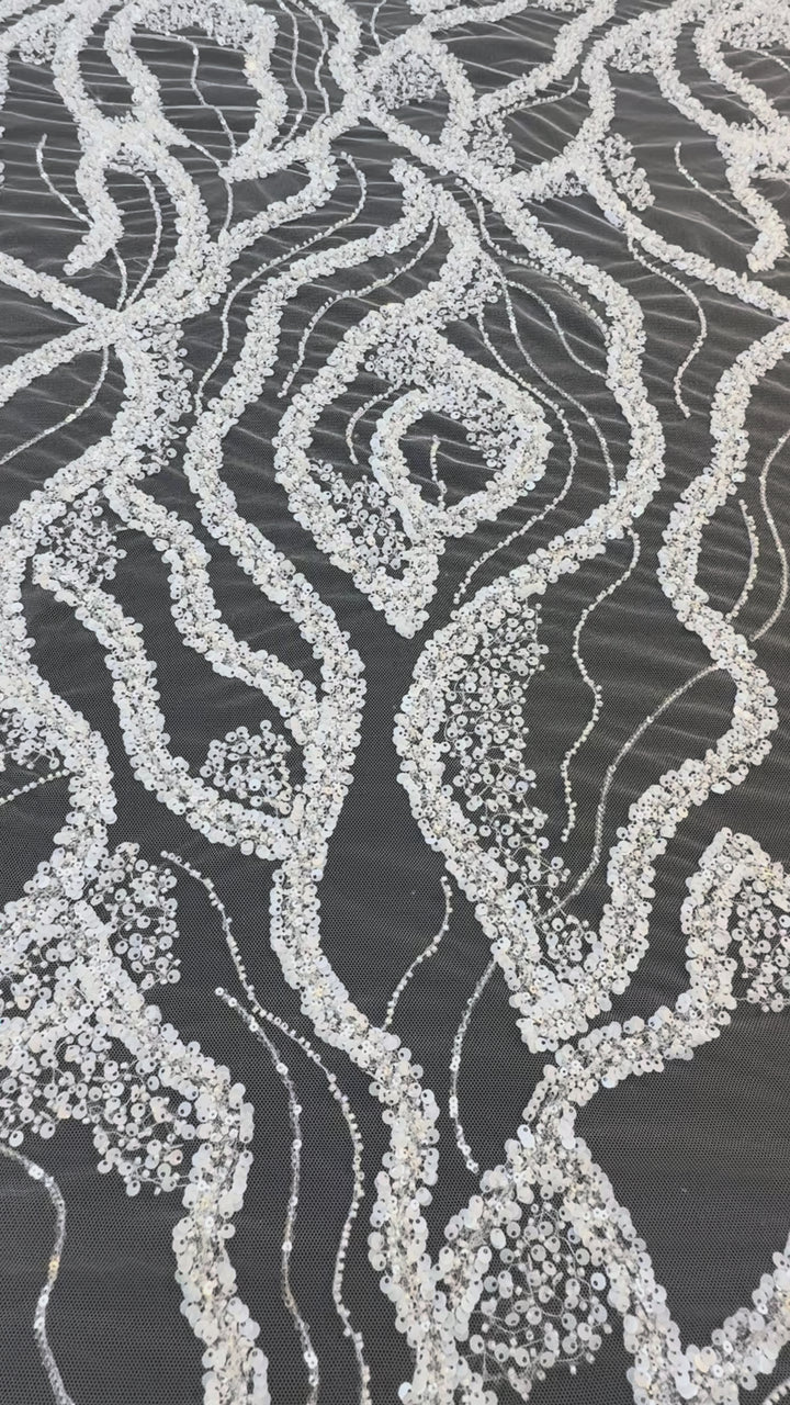 Luxury White Beads Silver Sequin Waves on Black Tulle Mesh – Couture Evening Fabric( 1 Piece = 3 Meter)