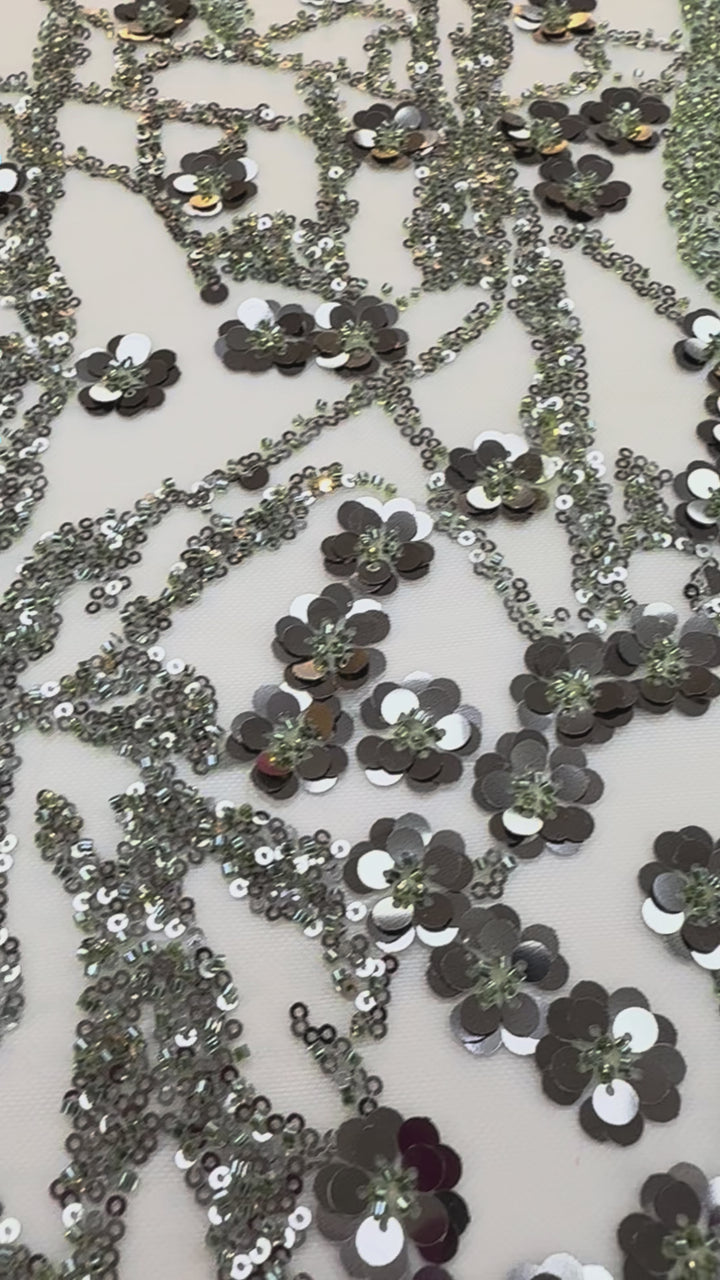 Luxury Olive Green Beaded & Sequin Embroidered Tulle Fabric – Haute Couture Evening Wear