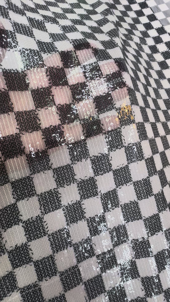 Black and White Sequin Checkered Mesh – Modern Glamour Couture Fabric ( 1 Piece = 5 Meter)