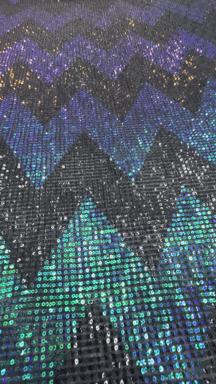 Blue-Green Iridescent Chevron Sequin Fabric on Black Mesh