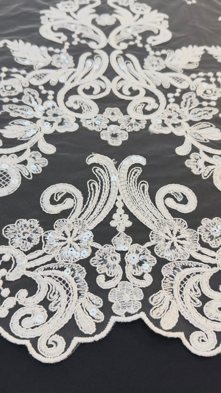 Luxury Off-white Bridal Lace with Sequins & Floral Embroidery( 1 Piece = 3.5 Meter)