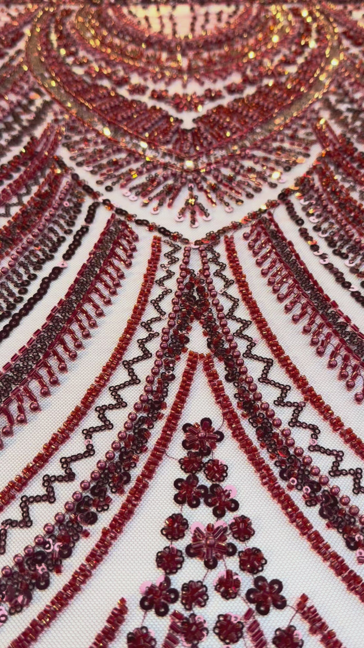 Luxury Burgundy Embroidered Tulle Fabric (1 Piece = 3 Meter)