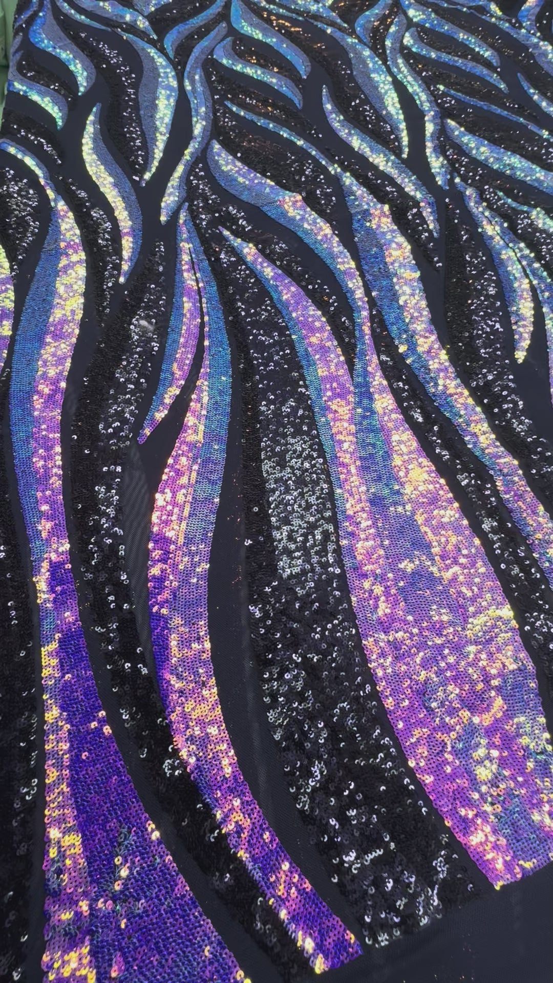 Iridescent Purple and Gold Sequin Fabric on Black Mesh ( 1 Piece = 3.5 Meter)