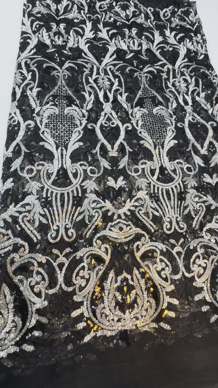 Black & Silver Baroque Sequin Lace – Regal Embroidered Couture Fabric