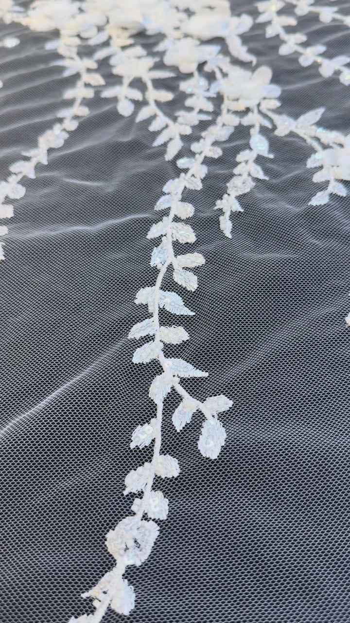 Luxury White 3D Floral Embroidered Lace with Sequins & Beads – Bridal & Evening Couture Fabric (1 Piece is 4 Meter)