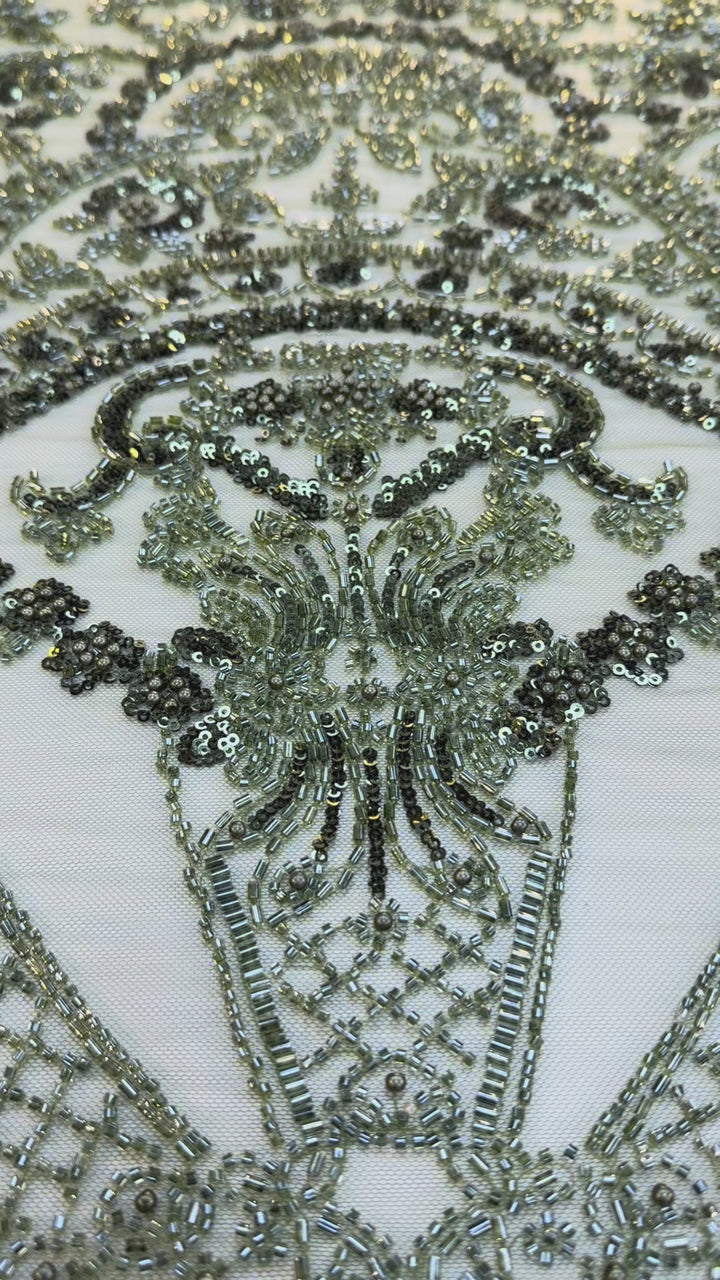 Luxury Green Sequin & Beaded Embroidered Fabric – Premium Haute Couture
