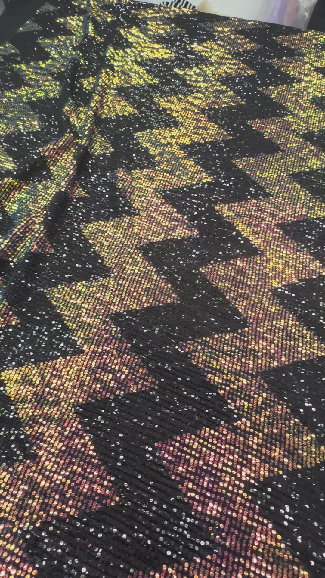 Chevron Holographic Sequin Fabric on Black Mesh