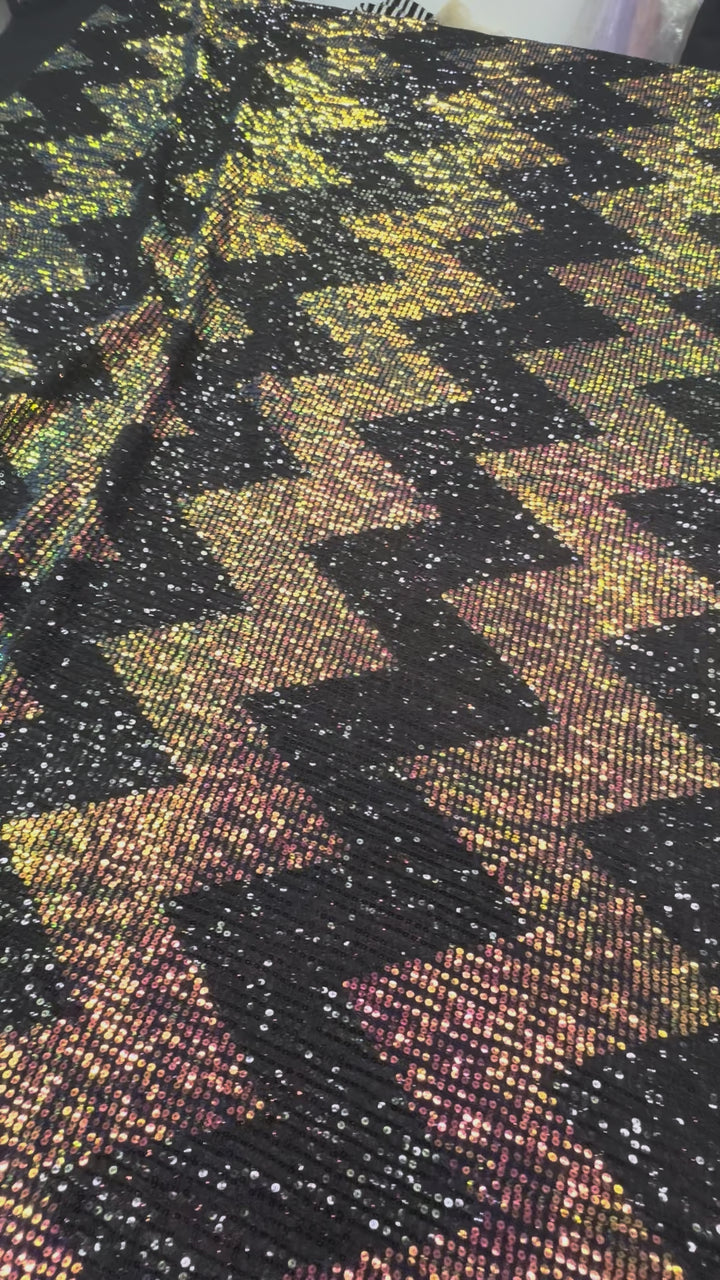 Chevron Holographic Sequin Fabric on Black Mesh