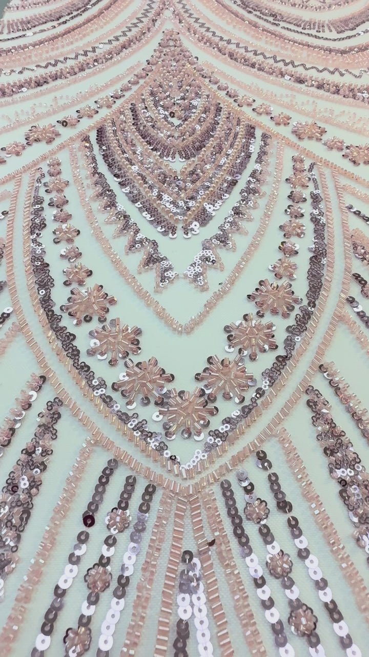 Luxury Rose Gold Art Deco Sequin Embroidered Tulle Fabric (1 Piece = 5 Meter)