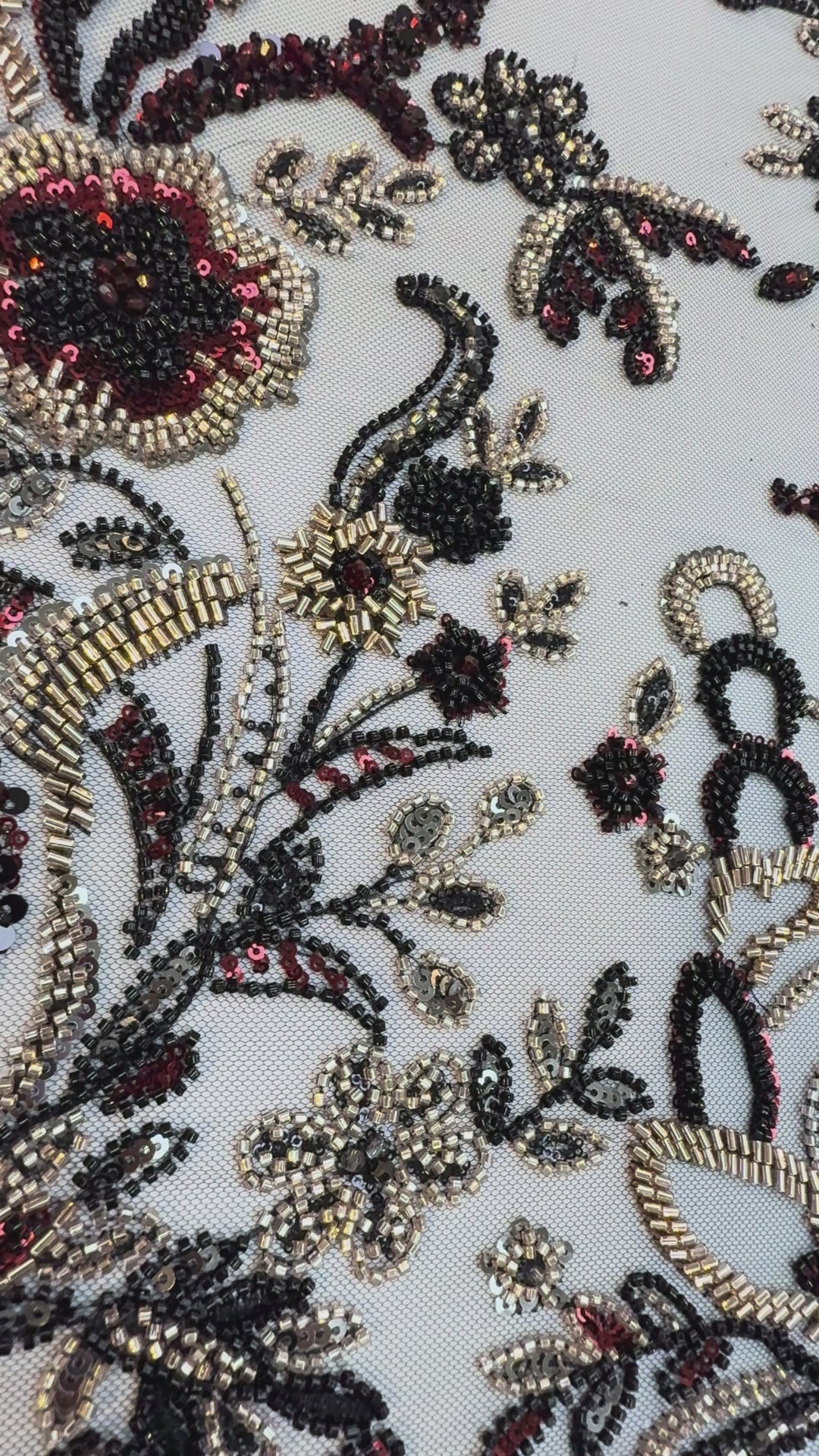 Black, Red & Gold Beaded Floral Embroidery on Tulle – Luxury Couture Fabric (1 Piece = 4 Meter)
