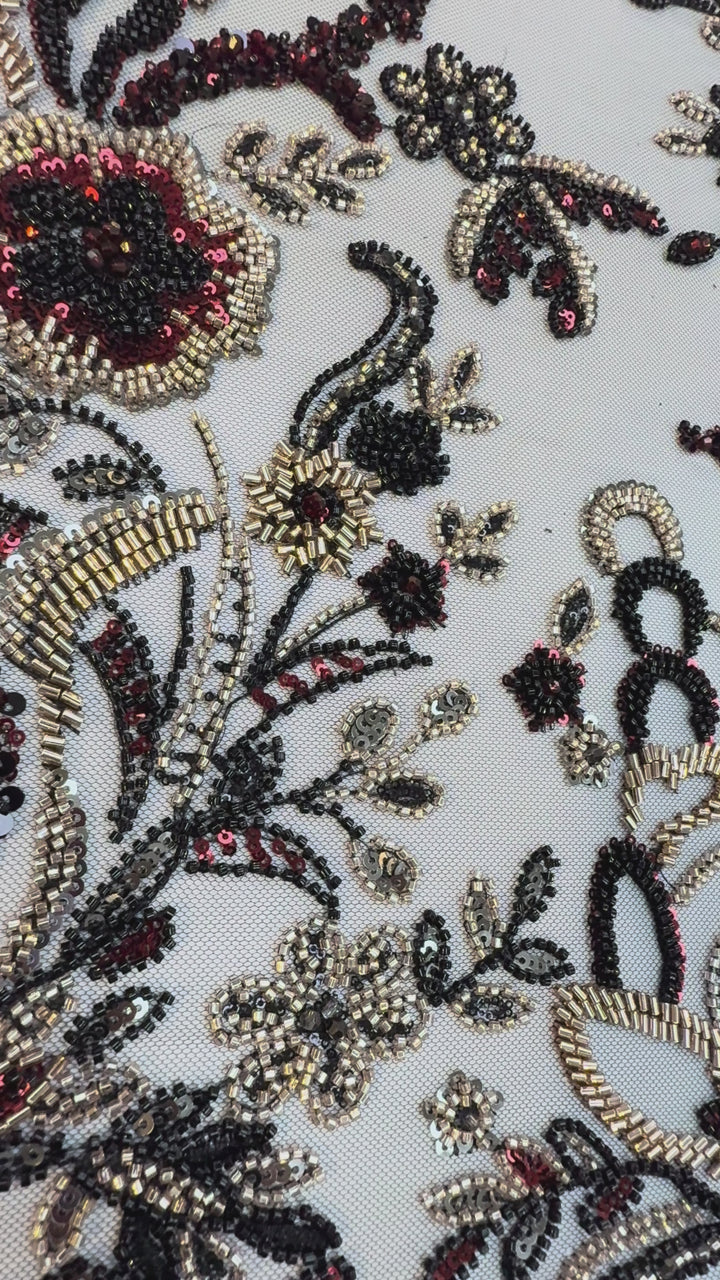 Black, Red & Gold Beaded Floral Embroidery on Tulle – Luxury Couture Fabric (1 Piece = 4 Meter)