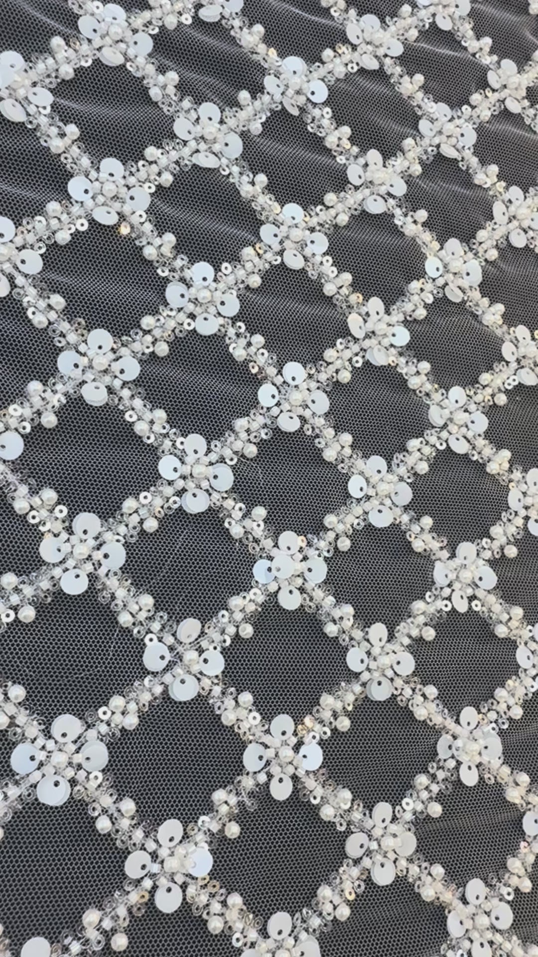 Luxury Diamond Lattice Beaded & Sequin Embroidered Tulle – White on Black Mesh( 1 Piece = 4 Meter)