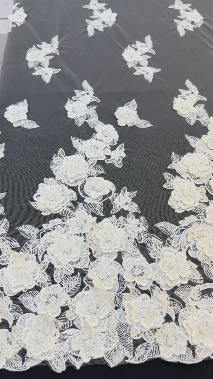 Ivory 3D Floral Beaded Lace Fabric with Sequins – Luxury Bridal Lace( 1 Piece = 2 Meter)
