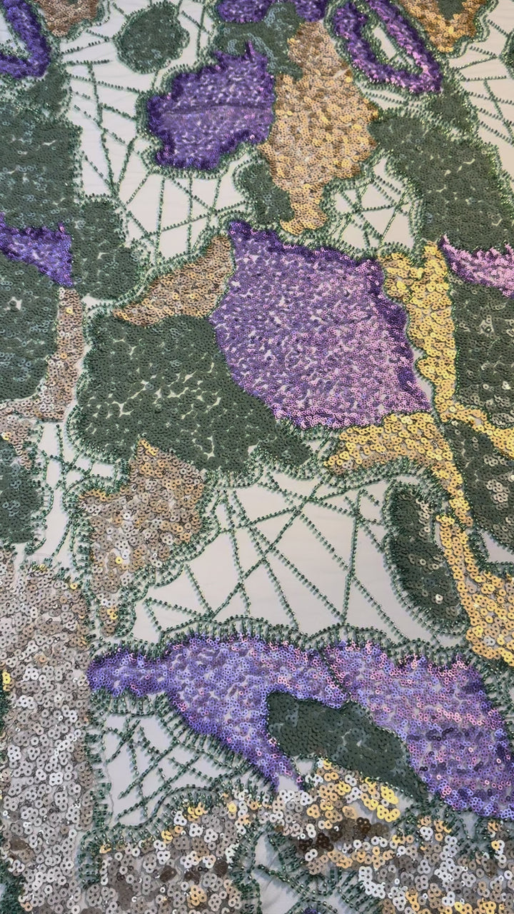 Luxury Multicolor Sequin & Beaded Tulle – Purple, Gold, Green & Beige Abstract Pattern ( 1 Piece = 2 Meter)