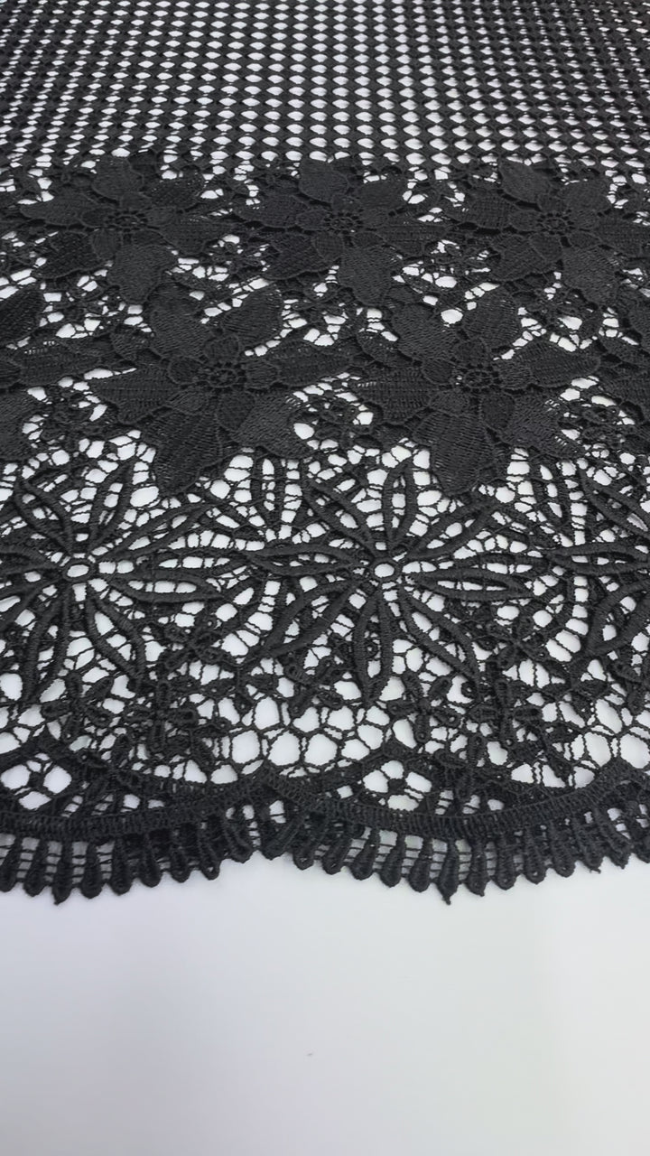Black Floral Guipure Fabric with Ornate Border