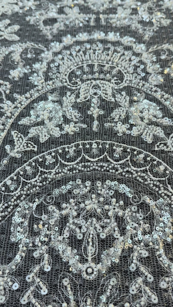 Luxury Baroque Silver Sequin Embroidered Tulle Lace – Royal Couture Fabric( 1 Piece = 3 Meter)