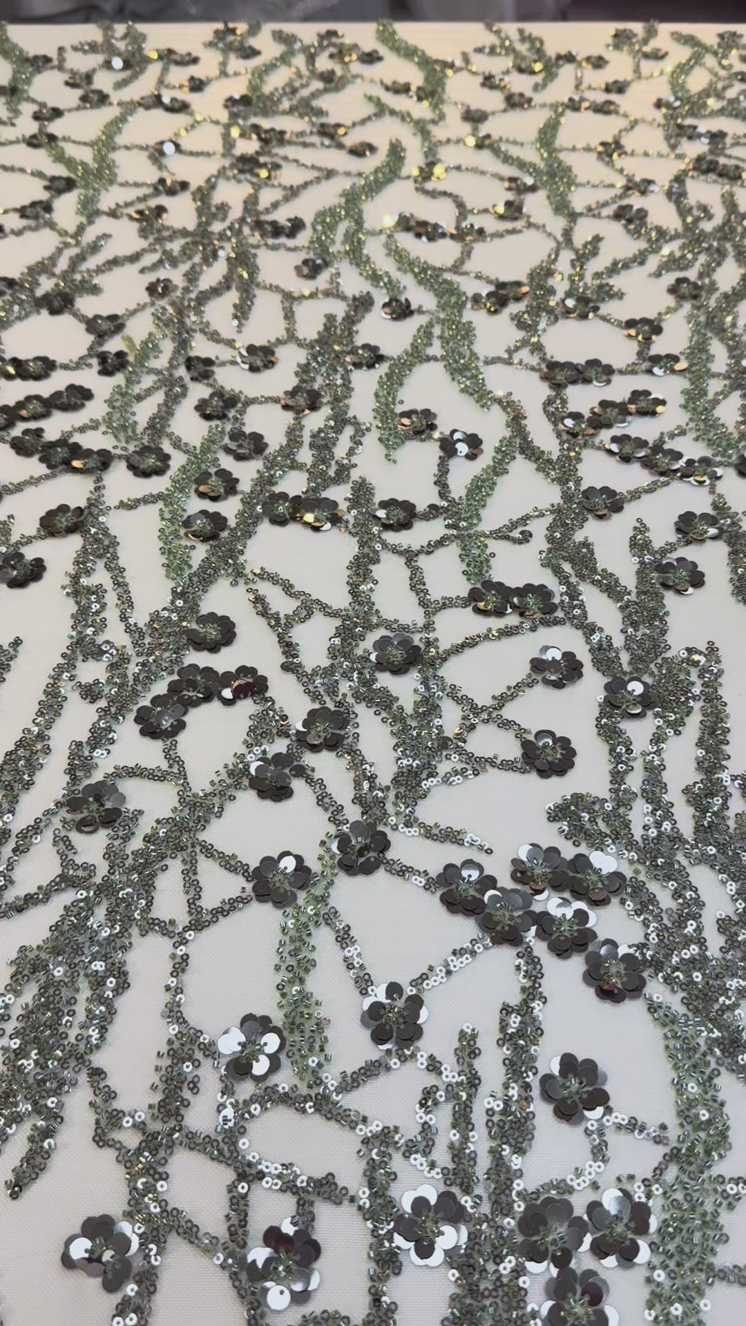 Luxury Olive Green Beaded & Sequin Embroidered Tulle Fabric – Haute Couture Evening Wear