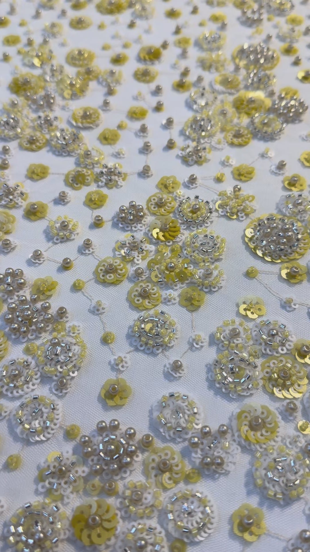 Luxury Yellow & White Sequin Floral Embroidered Tulle Fabric with Beads
