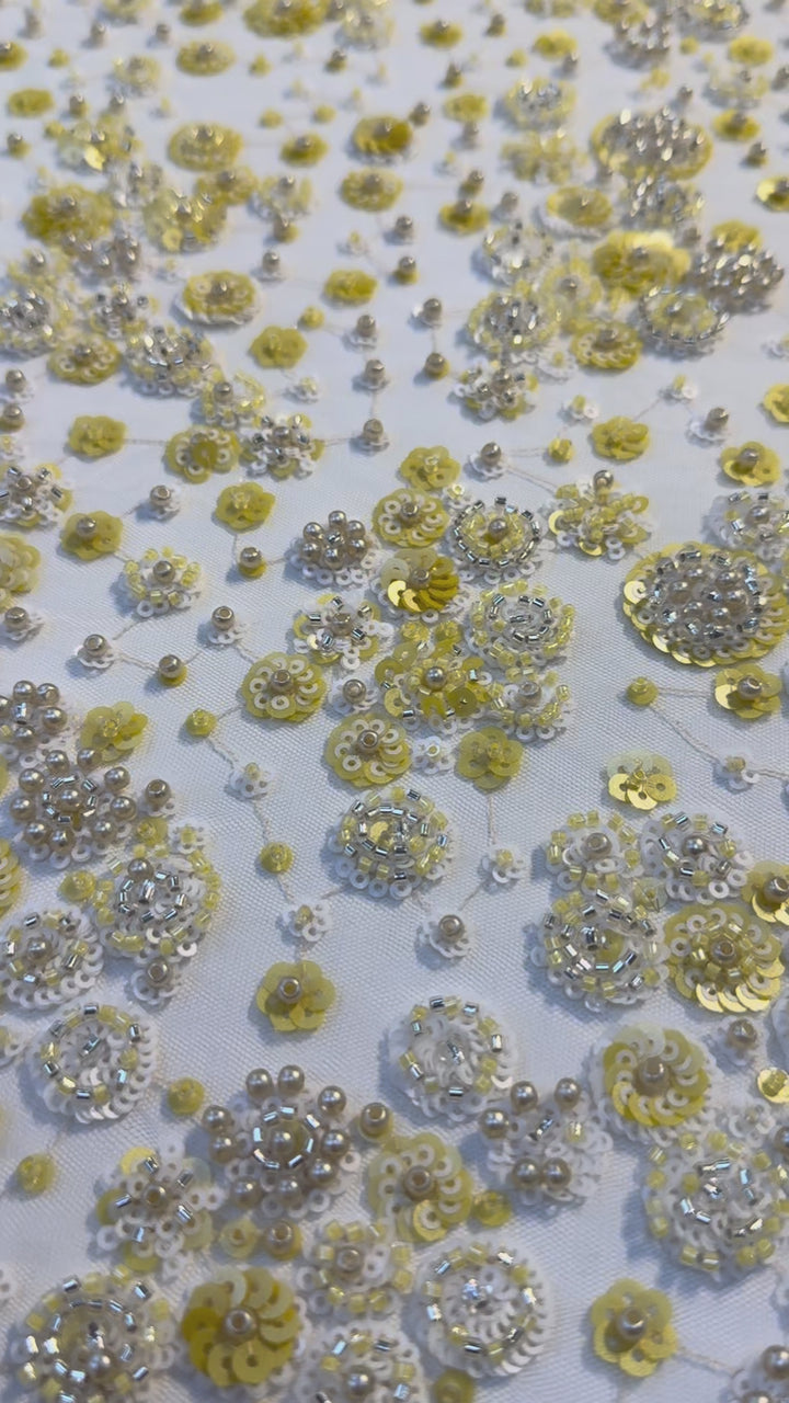 Luxury Yellow & White Sequin Floral Embroidered Tulle Fabric with Beads