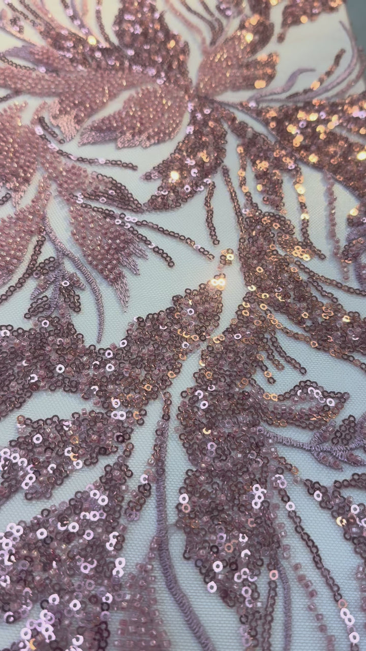 Luxury Dusty Rose Sequin Embroidered Tulle Fabric – Haute Couture Bridal & Evening Wear (1 Piece = 2.5 Meter)