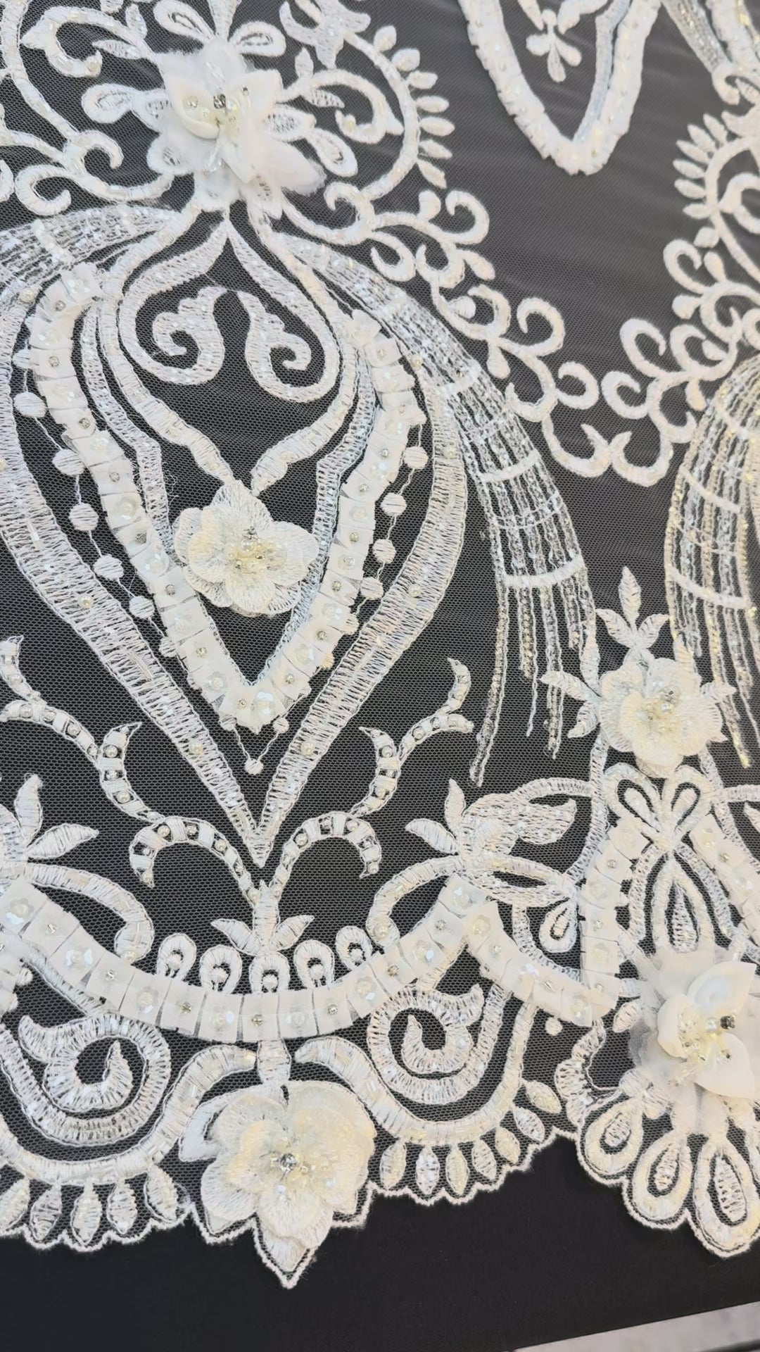 Luxury 3D Floral Beaded Lace Fabric with Sequins & Pearls – Ivory Bridal Couture Tulle ( 1 Piece = 5 Meter)