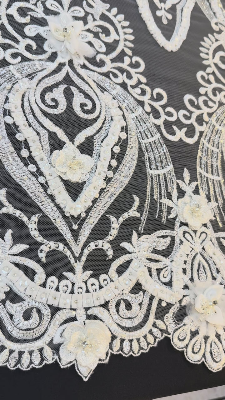 Luxury 3D Floral Beaded Lace Fabric with Sequins & Pearls – Ivory Bridal Couture Tulle ( 1 Piece = 5 Meter)