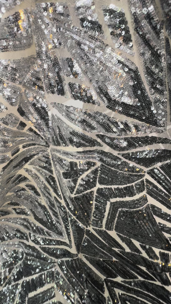 Silver and Black Art Deco Sequin Fabric( 1 Piece = 3 Meter)