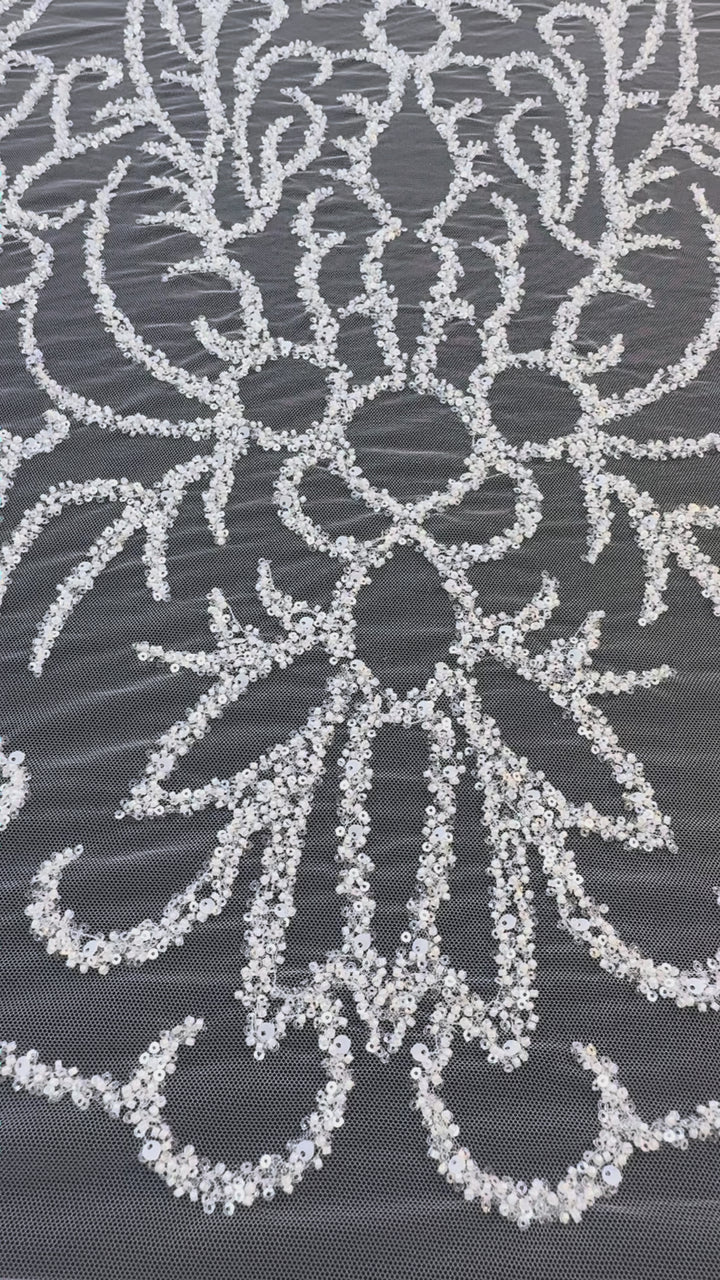 Luxury Silver Sequin Embroidered Tulle Fabric – Ornamental Floral Pattern